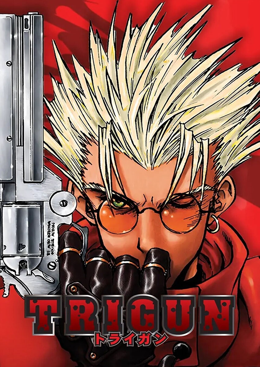 Dramatic artwork of a Trigun style anime character with striking details and vivid background.
